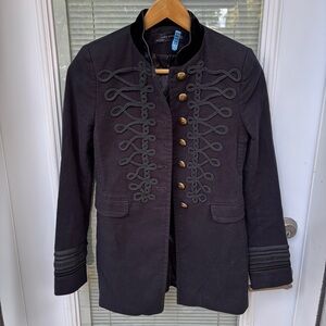 RARE ZARA XS Black Military Embroidered Coat Jacket Blazer Brass Buttons EUC